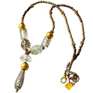 VTG Anne Klein gold lucite y-drop Necklace Designer Beaded signed Egyptian‎ 22"